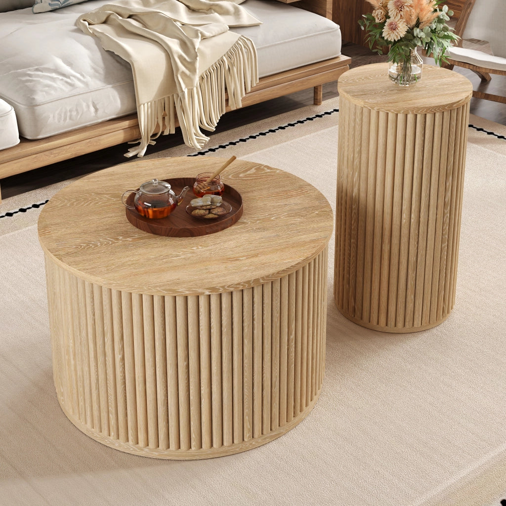 Tavolini da Caffè Rotondi Nidificabili con Motivo a Righe 3D; Stile Moderno; in MDF; Naturale; 60×60×38;5 cm