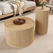 Tavolini da Caffè Rotondi Nidificabili con Motivo a Righe 3D; Stile Moderno; in MDF; Naturale; 60×60×38;5 cm