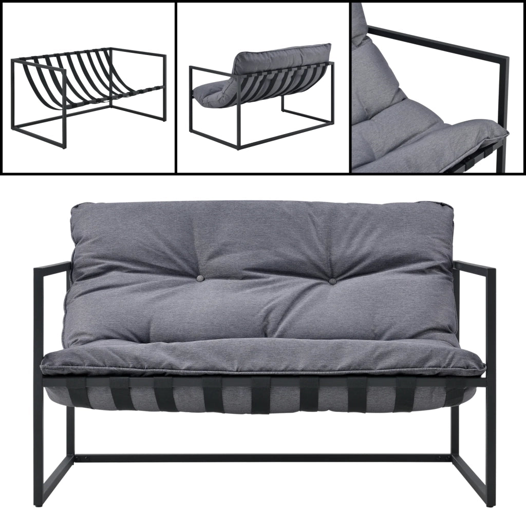 Tavolino da giardino con divano e sedie da esterno in acciaio con cuscini in olefina e piano in vetro grigio nero 03_0006029