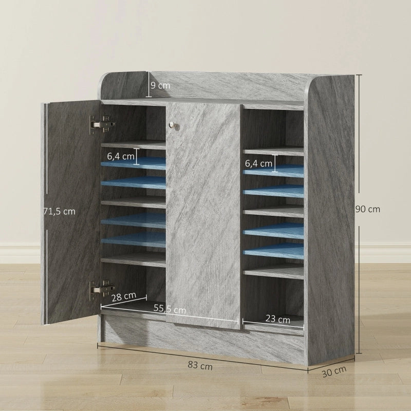 Armadietto per scarpe con 2 ante e 4 vani aperti con ripiano rialzato per ingresso in legno grigio 83 × 30 × 90 cm