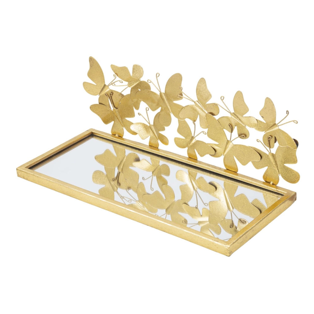 Coppia comodini mensola Butterflies in ferro dorato, MDF e specchio