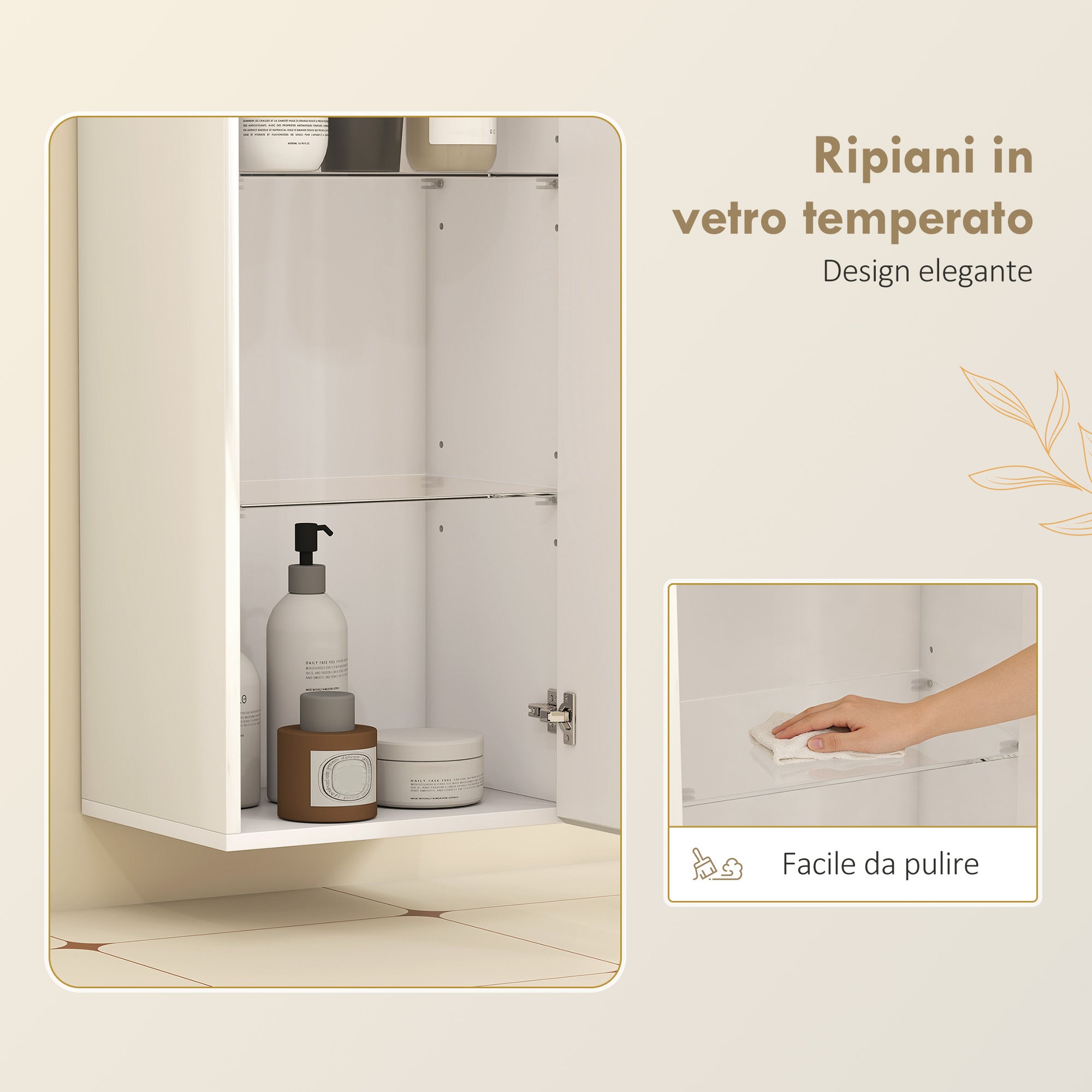 MobilettoPensile da Bagno con 2 Ripiani in Vetro Regolabili e Anta Senza Maniglia Bianco Lucido
