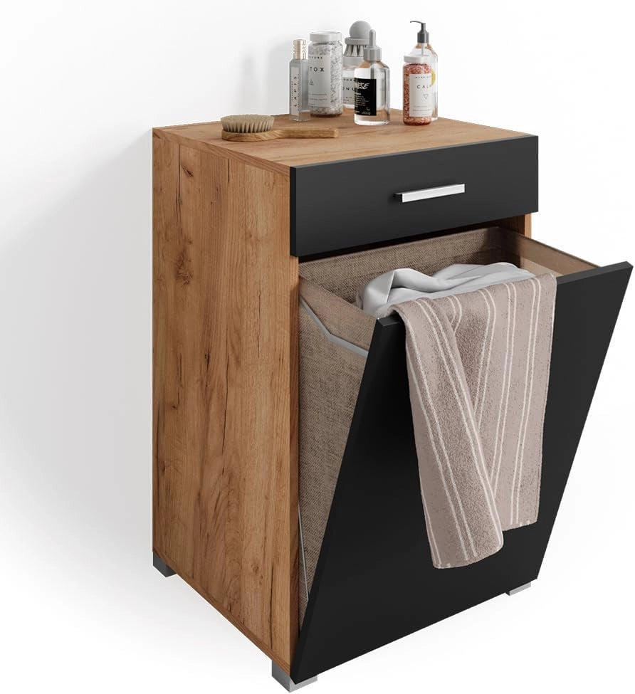 Armadietto da bagno con portabiancheria Matteo, Antracite, 50 x 78.5 cm, con cestino portabiancheria pieghevole integrato e soluzione salvaspazio