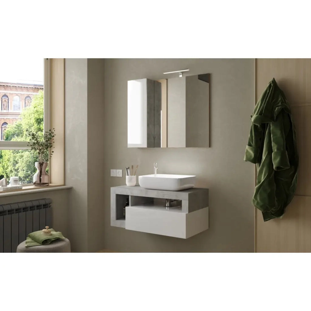 Mobile da bagno sospeso con un lavabo e 1 cassetto, lunghezza 92 cm, collezione BURA. Colori bianco lucido e cemento.
