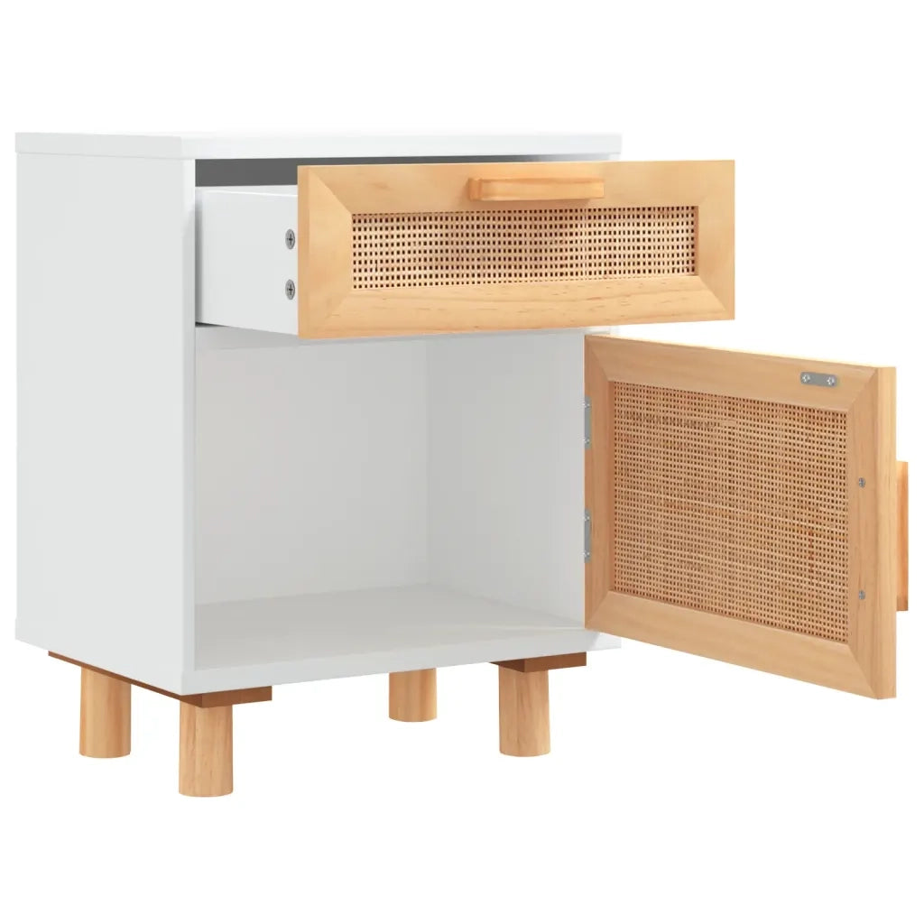 Comodino | Armadio da Notte | Mobiletto da notte Bianco in Legno Massello di Pino e Rattan Naturale