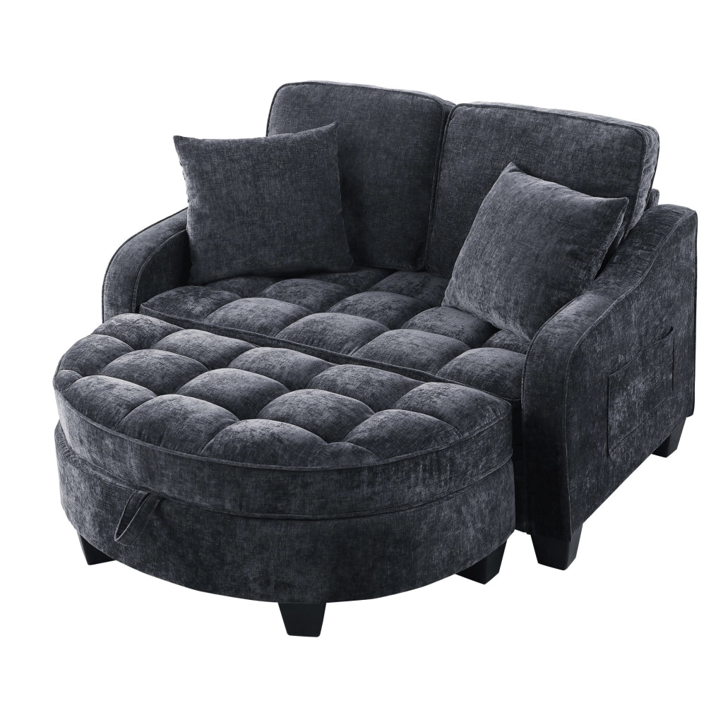 Divano letto 132x129x93 cm convertibile con pouf contenitore in legno di eucalipto nero