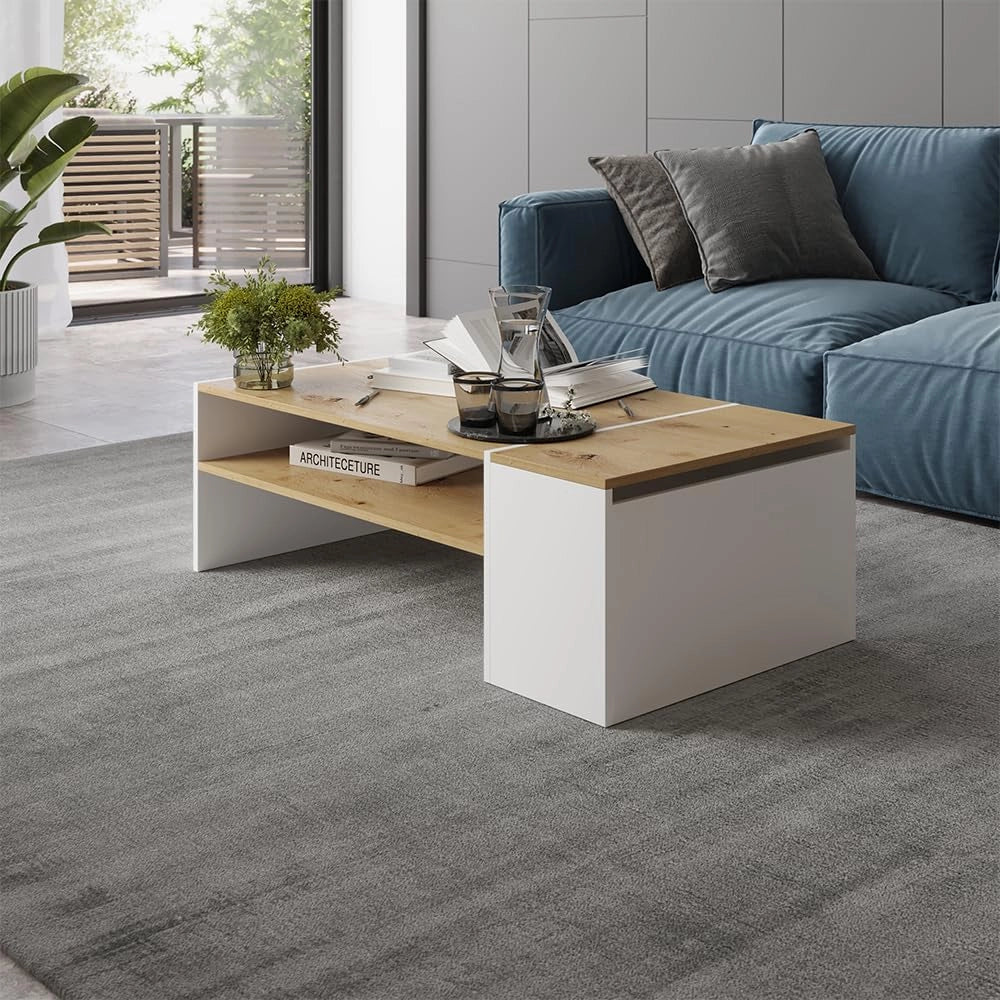 Tavolino da salotto Rubby, Rovere artigianale/bianco, 110 x 60 cm, con ripiano per la conservazione di riviste e accessori
