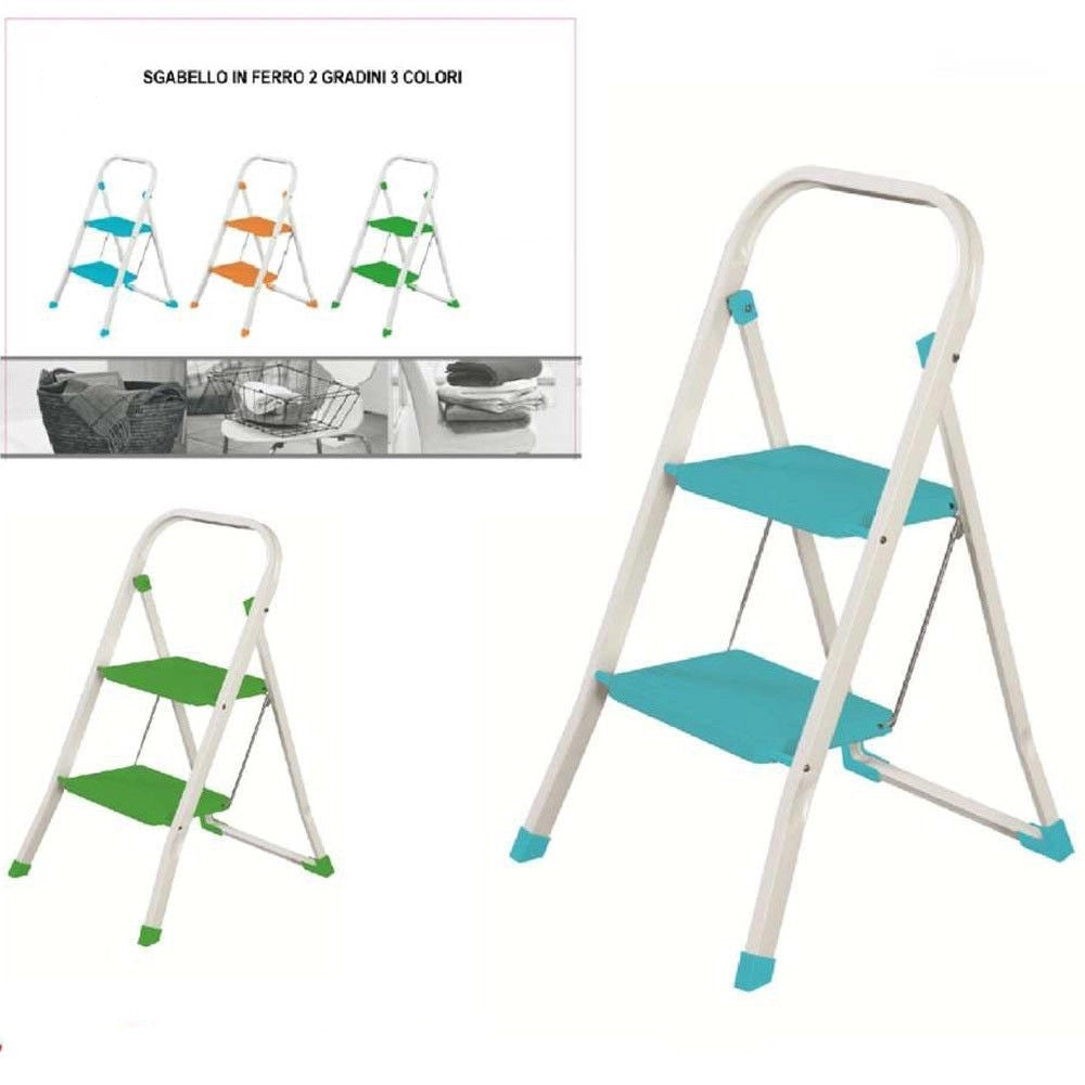 Trade Shop - Scala Sgabello In Ferro Colorato 2 Gradini Azzurro - Verde - Arancione Pratiko -
