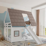 Letto a Castello con Tetto e Scivolo – Xylo – 140x200cm in Legno, Bianco/Marrone, con Scala