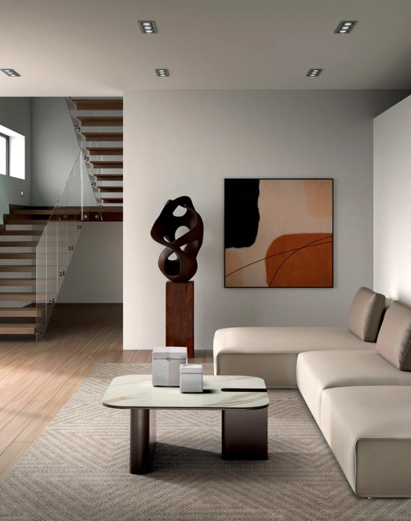 Tavolino da salotto Lock con piano in ceramica su vetro calacatta oro e struttura in metallo bronzo - Dimensioni 70x70x29.5 cm