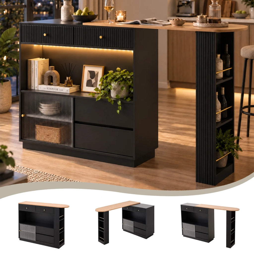 Tavolo da bar estraibile nero con grande spazio contenitore, rotazione a 360° e striscia LED colorata