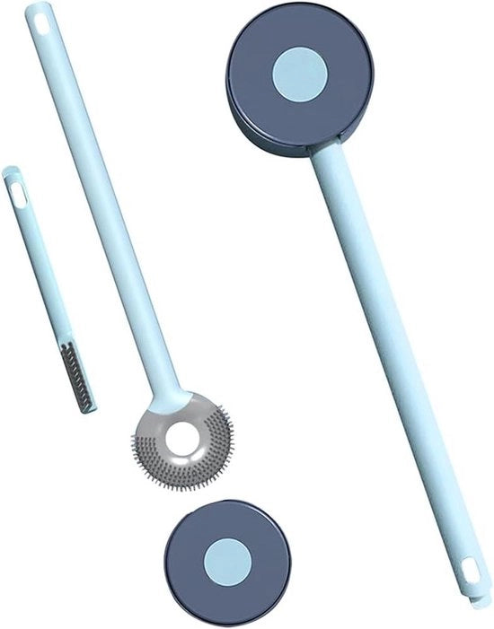 Spazzola per water con setole in silicone, manico lungo e cassetta per pulizia della fascia per bagno o wc ospite - blu