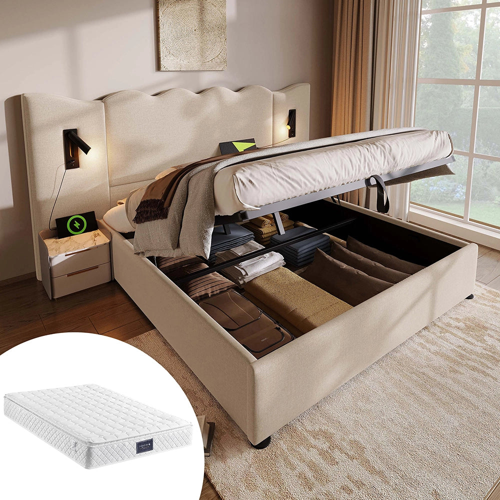 Letto matrimoniale con materasso - Xylo - 160x200 cm - Beige - Luce lettura USB-C