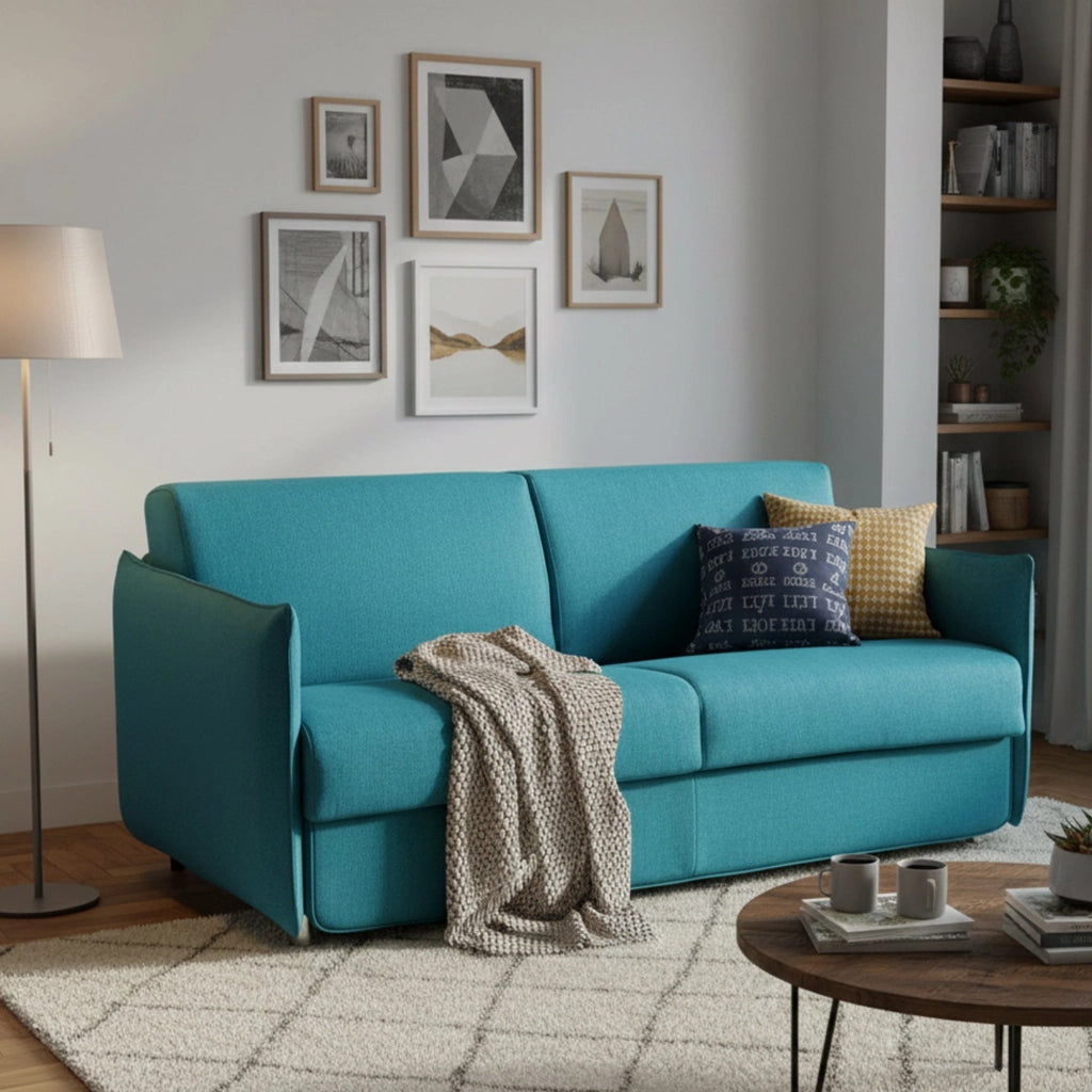 Follina, Divano Letto 2 Posti Sfoderabile Made in Italy, 160x95 cm Azzurro