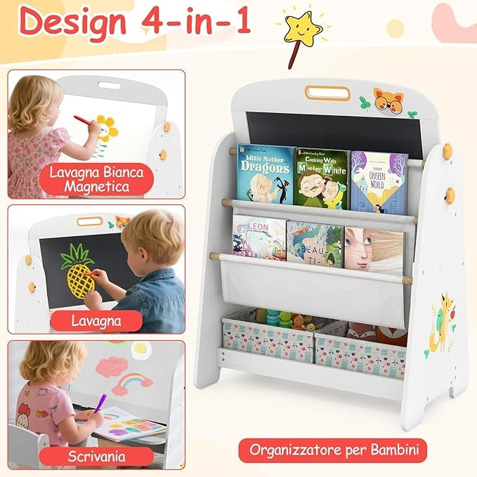 Set Tavolo e Sedia per Bambini, Lavagnetta Cancellabile Bambini con Sedia, Scaffale, 2 Contenitori in Tessuto, Gomma e Gessetti, Ideale per Disegno (Grigio)