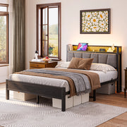 Letto matrimoniale 140 × 190 cm con LED, testiera contenitore e USB, senza materasso, nero