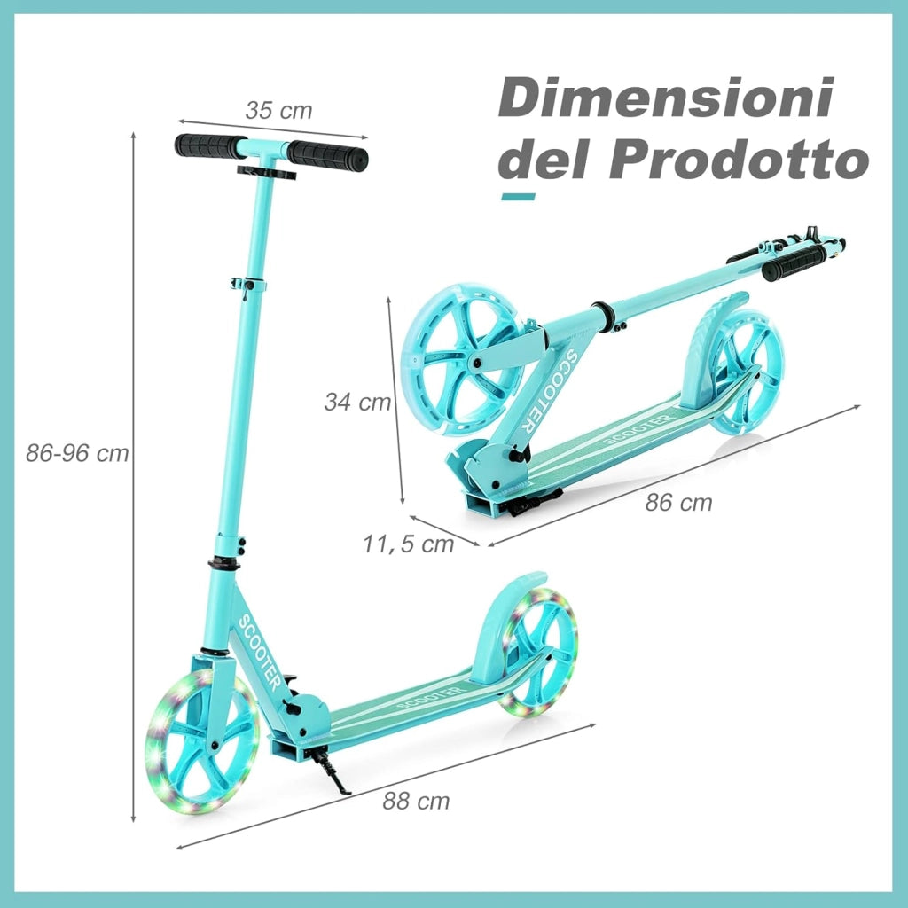 Monopattino Pieghevole con Altezza Regolabile, 2 Ruote Luminose con Freno, Manubrio Regolabile, Pedana Antiscivolo, Tracolla e Cavalletto, Scooter Portata 100kg, 10+ Anni