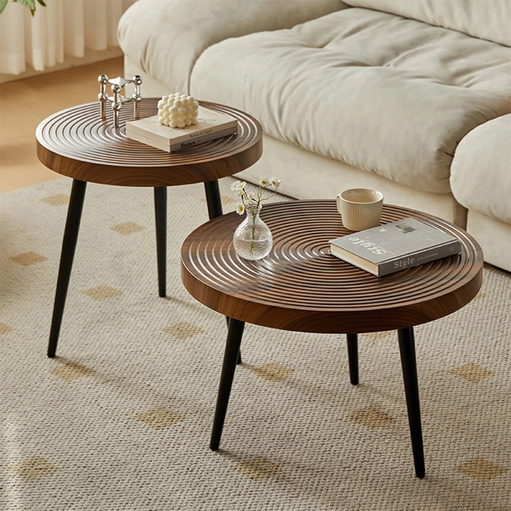 Set 2 Tavolini da Caffè Tondi Noce Design Industrial Tavoli da Soggiorno Rotondi