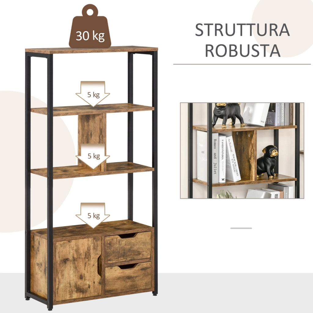 Libreria 3 Ripiani 2 Cassetti 1 Anta 58x24x122 cm in Truciolato e Metallo Nero e Legno
