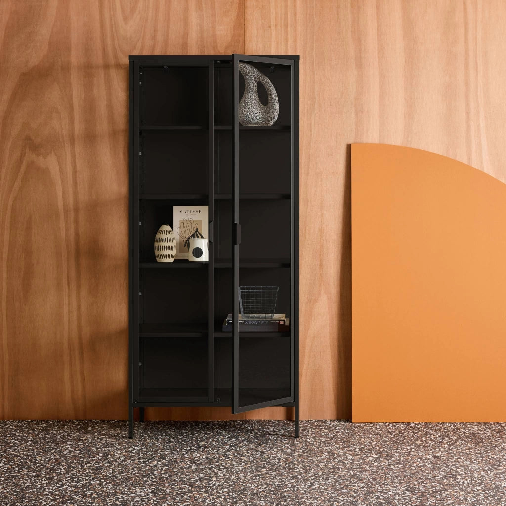 Credenza in acciaio e vetro temperato 2 porte, 180cm, nero
