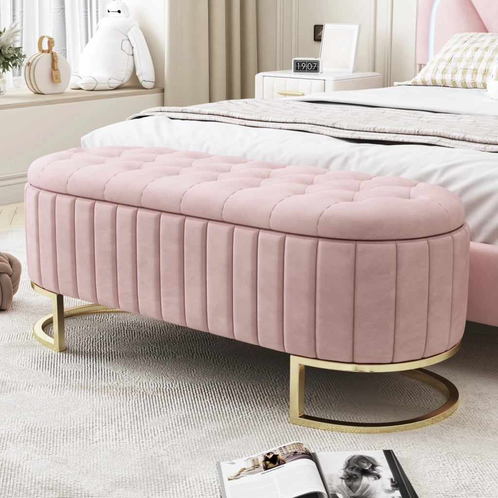 Pouf contenitore imbottito 120 x 39,9 x 41,9 cm in velluto rosa con gambe in metallo