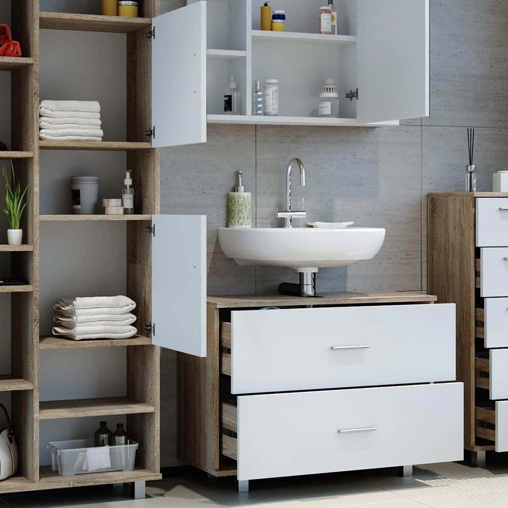 Set mobili bagno Ilias, Bianco/Sonoma, 80.2 cm, composto da mobile lavabo, pensile a specchio, colonna e base media