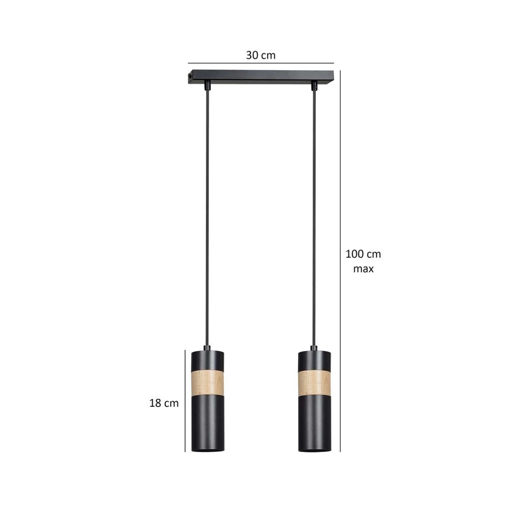 Lampadario 2 Luci Change In Acciaio Nero A Cilindro Con Legno Naturale