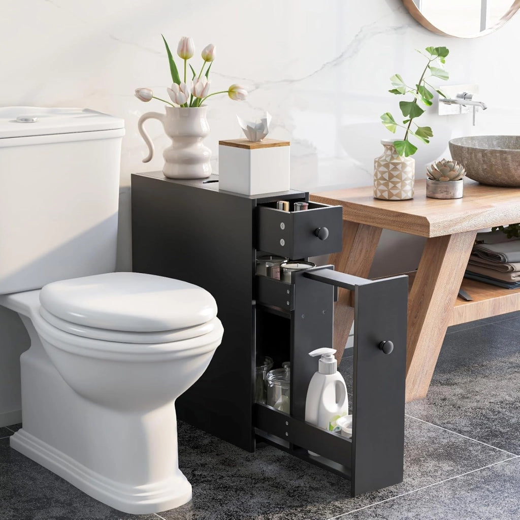 Mobile portaoggetti stretto con 2 cassetti, armadio salvaspazio ideale per spazio di ripostiglio, colonna del bagno, cucina, ufficio, WC, 48 x 16 x 58 cm (nero), QF42884FQFR