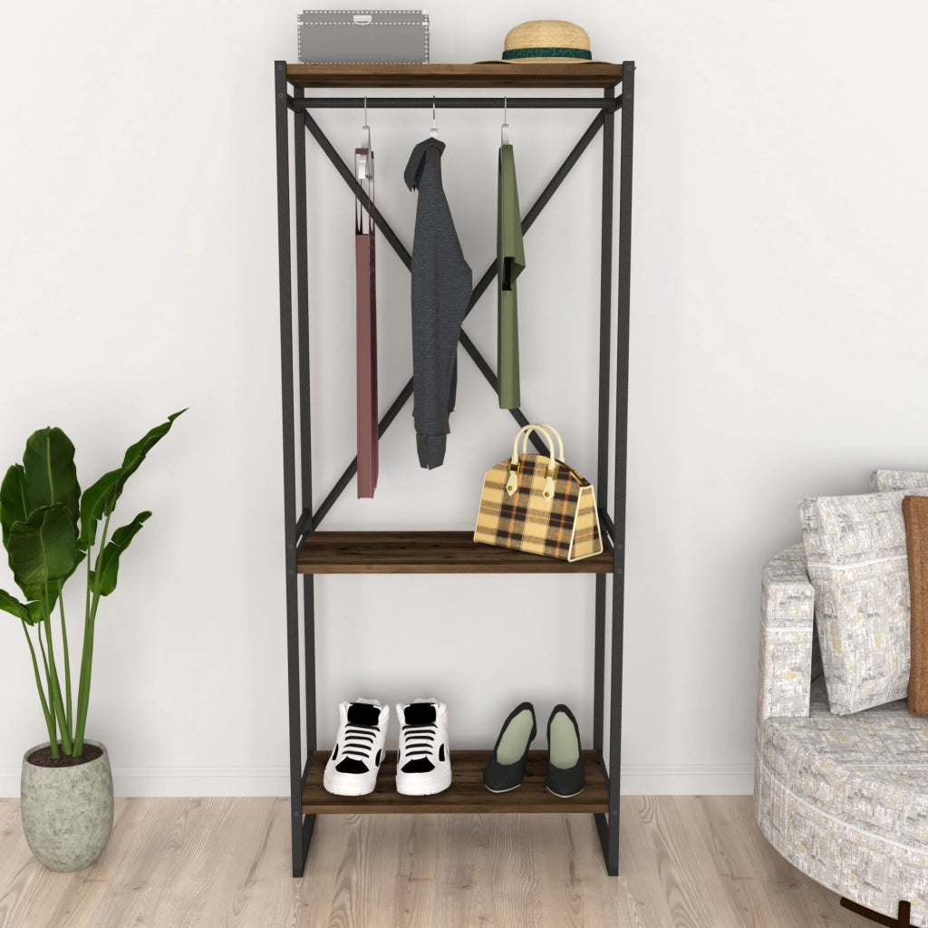 Stand Appendiabiti 'Ulstein' Organizzatore Guardaroba con Barra Variabile e 3 Ripiani - Effetto Rovere Antico [en.casa]