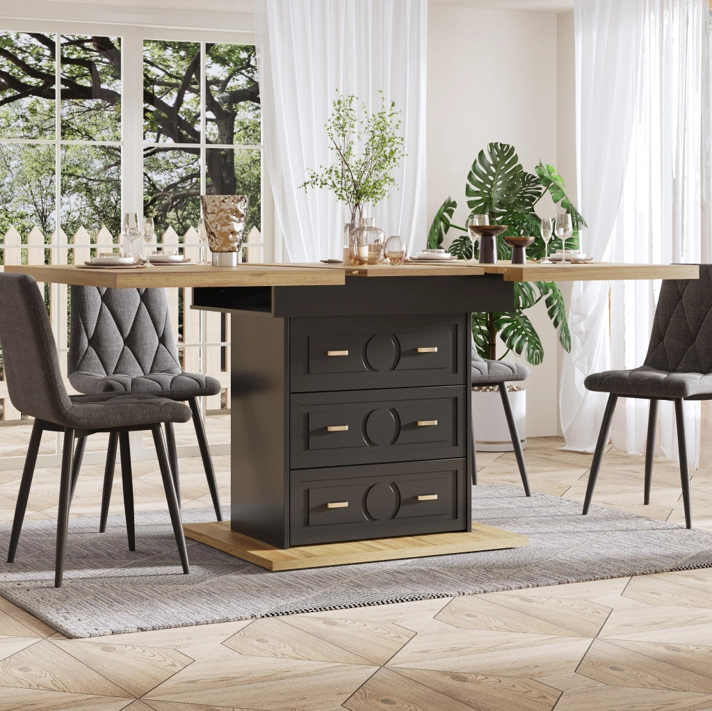 Tavolo da pranzo 110x80x75 cm estendibile con cassetti e vano con chiusura magnetica in MDF e metallo naturale