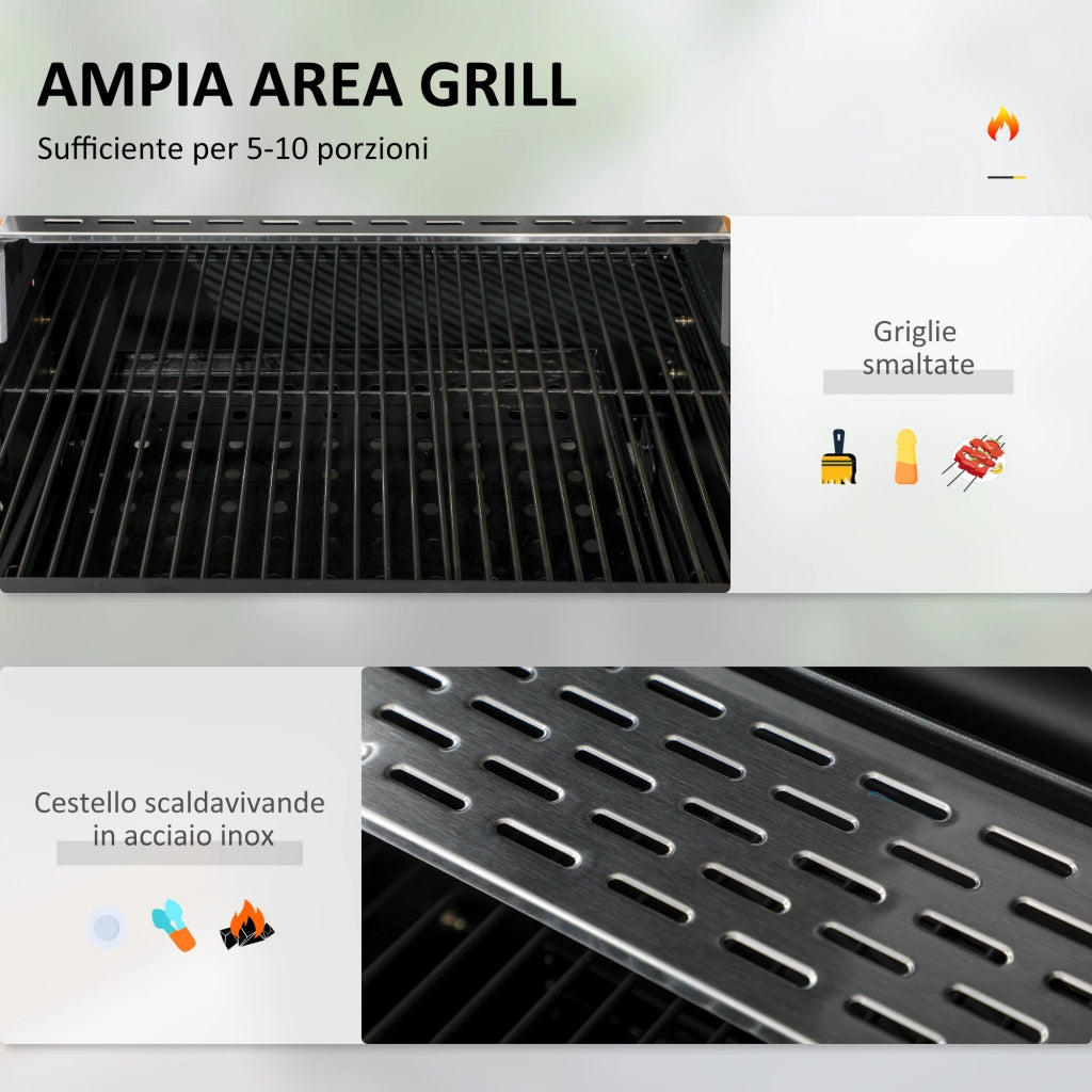 Barbecue a Carbone con Coperchio con Termometro, Griglia Regolabile, Ruote e Tavolini, Nero