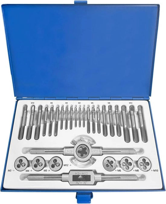 Set di tagliabesti 30 pezzi, tagliabesti di alta qualità in acciaio laminato, specificamente progettato per tagliare schegge di piccolo diametro, metrico, M3-M12, in scatola metallica.