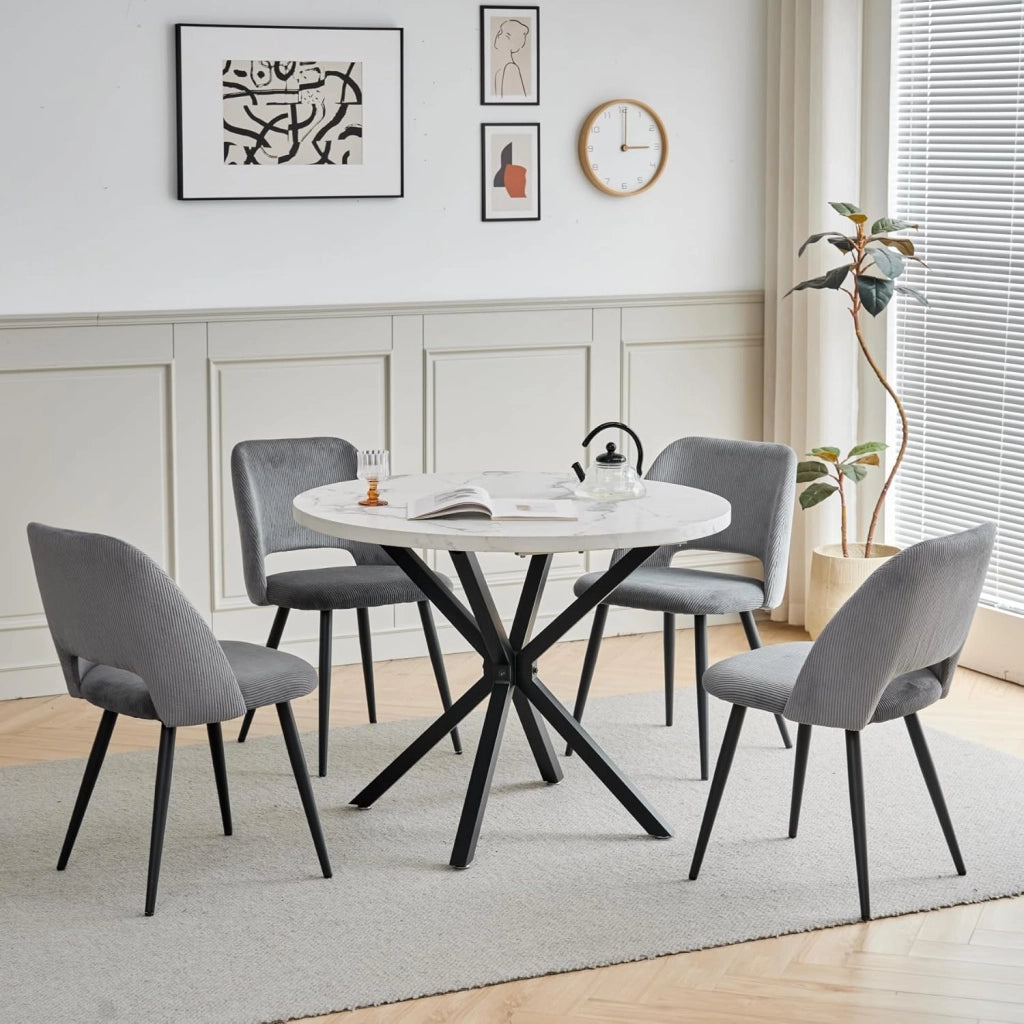 GrandCA HOME Set Tavolo e Sedie da Pranzo,Tavolo Rotondo Moderno da 100 Cm,4 Sedia da Pranzo In Velluto a Coste Traforato,adatto Per Cucina, Soggiorno, Caffetteria(Marmo Nero + Grigio)