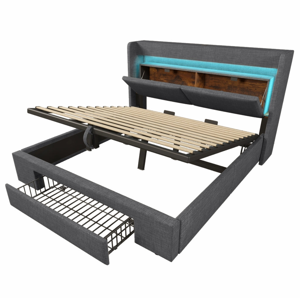 Letto imbottito 180x200 cm con contenitore idraulico; testiera con USB; USB-C e LED; grigio