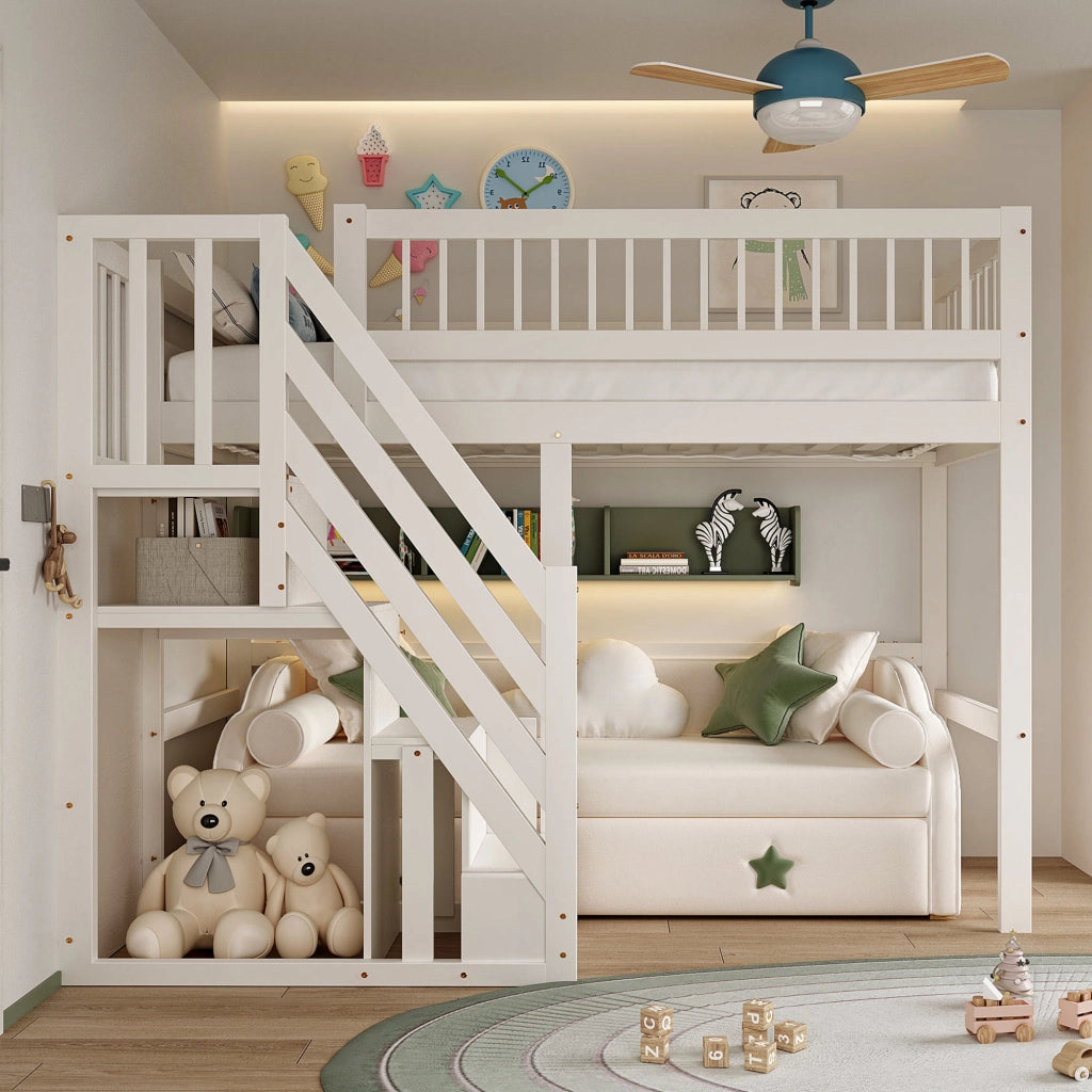 Letto singolo in legno bianco con scala contenitiva 90x200 cm