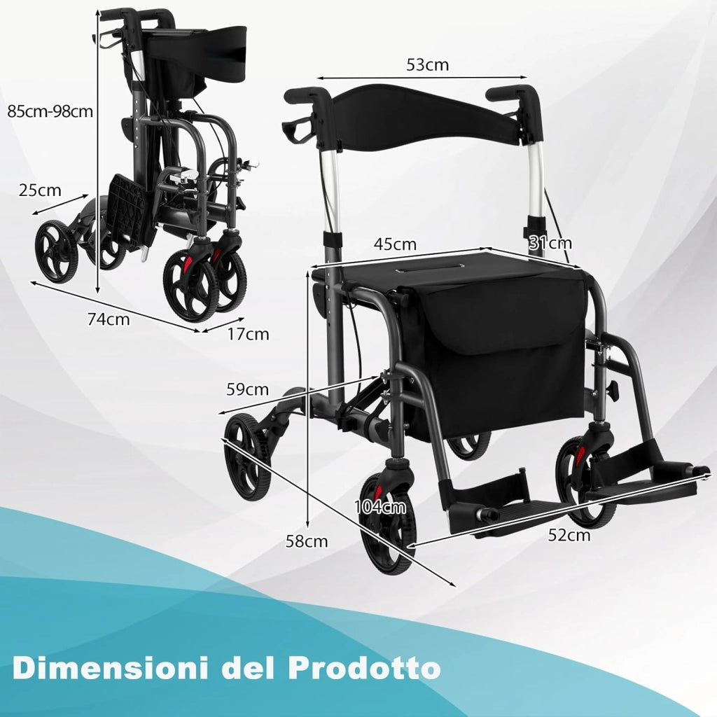 Deambulatore Multiuso 2 in 1, Deambulatore per Anziani in Alluminio con Altezza Regolabile a 6 Livelli, Poggiapiedi Pieghevole (Nero)