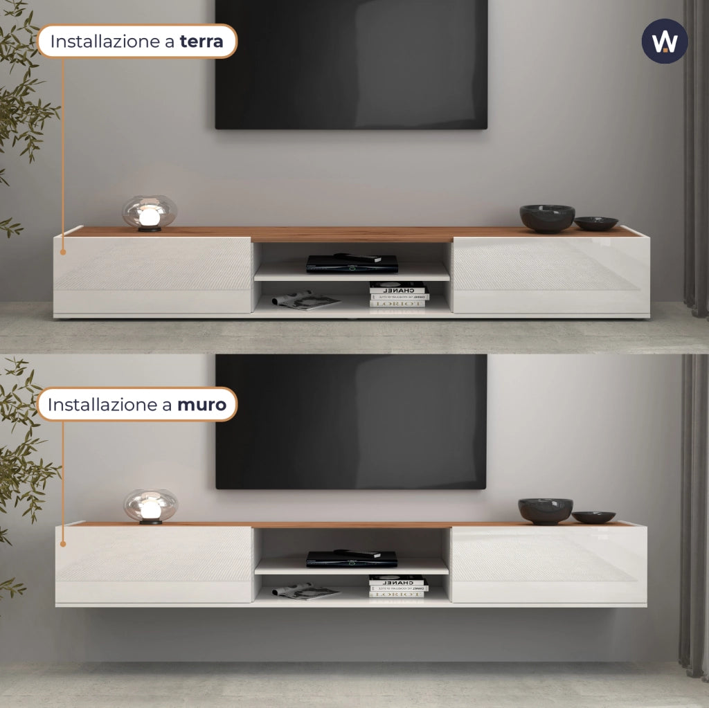 WHOUS Mobile porta tv Garda 2 ante e 1 ripiano centrale bianco lucido e rovere 210x35x30 cm