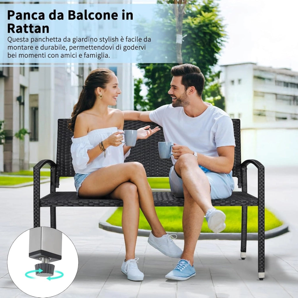 Panca da Giardino in Rattan, Resistente Alle Intemperie, Panca da Balcone a 2 Posti, 122x60x85 cm, Rattan Monofacciale, Sedia da Giardino per Esterno, Terrazze e Balcone, Nero