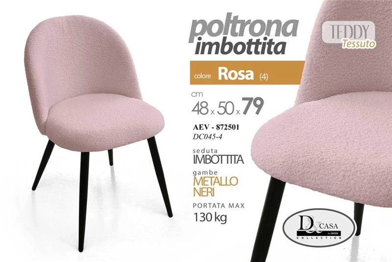 SET 4 POLTRONE IMBOTTITE IN TESSUTO TEDDY COLORE ROSA SEDIA CON GAMBE IN METALLO NERO 48X50X79 CM PORTATA MAX 130 KG