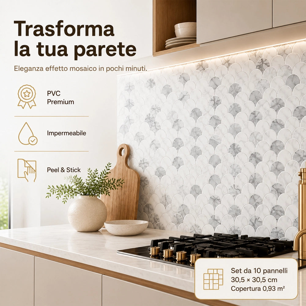 Set 10 Pannelli Adesivi Piastrelle da Parete 30,5 cm Decoro Squame di Pesce in PVC Grigio e Bianco