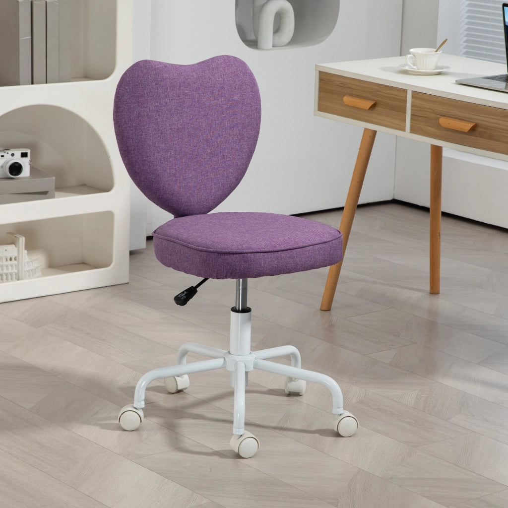 Sedia per Scrivania a Cuore con 5 Rotelle e Altezza Regolabile in Tessuto, 40x50x79-89cm, Viola