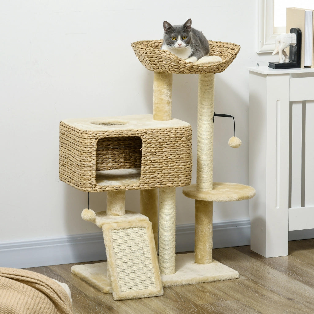 Albero tiragraffi per gatti 98 cm con cuccia, nicchia e rampa, beige