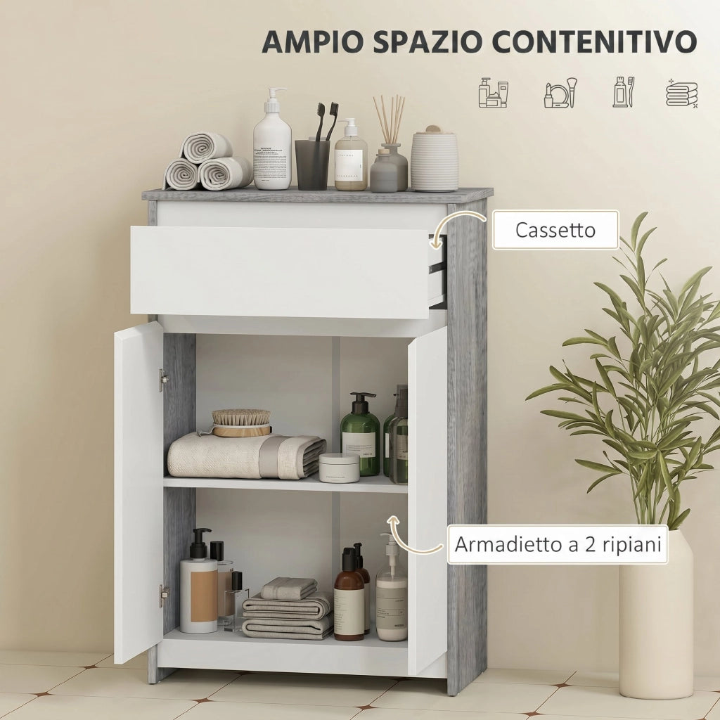 Mobile Bagno Autoportante 60x30x90 cm con Cassetto e Ante Doppie in Legno Grigio e Bianco
