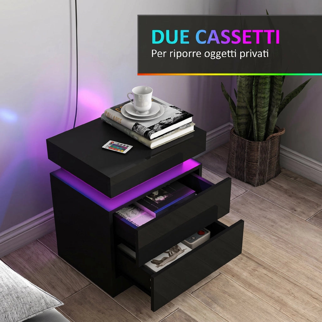 Set 2 Comodini 45x35x52 cm LED a 16 Colori e 4 Modalità con 2 Cassetti in Legno Nero