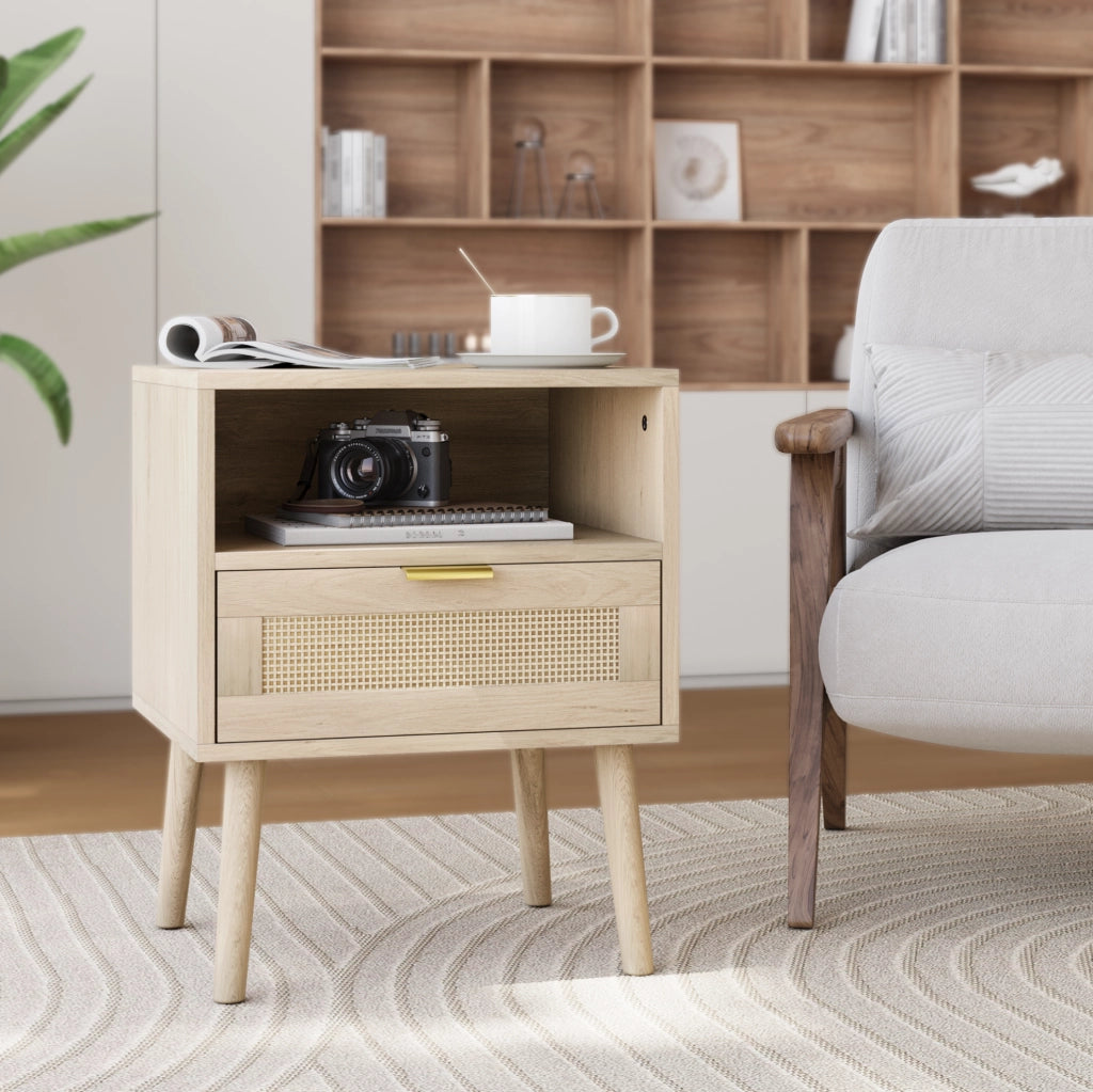 Comodino 45x40x55 cm rovere in MDF e rattan, cassetto e vano aperto