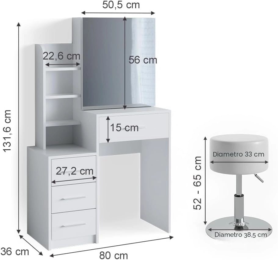 Vicco Tavolo da toeletta Conrada, Bianco, 80 cm con sgabello, adatto per l'organizzazione di articoli cosmetici e accessori