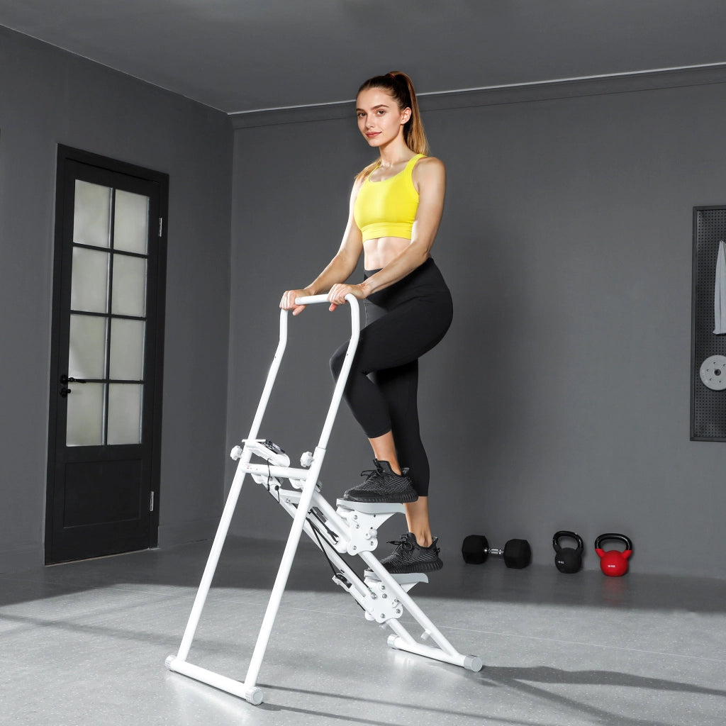 Stepper Vertical Climber Pieghevole con Impugnatura Regolabile, Pedali Antiscivolo e Monitor LCD, Bianco