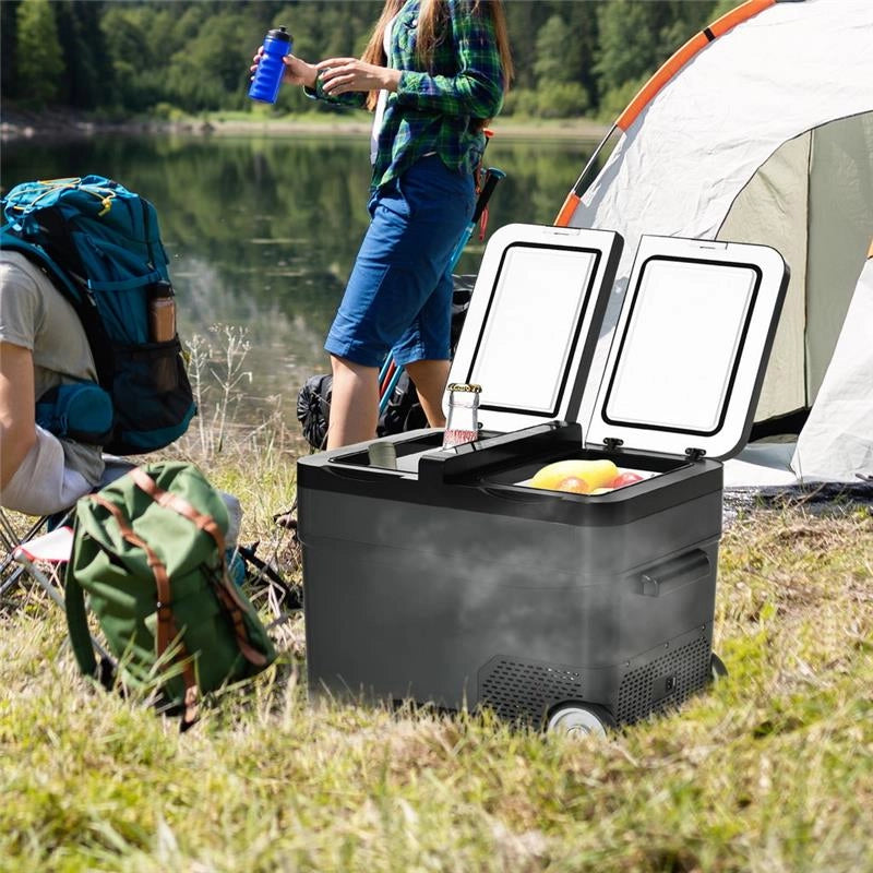 FRIGO PORTATILE ELETTRICO A COMPRESSORE DA 35L CON MANIGLIA TELESCOPICA E RUOTE, FRIGORIFERO PICCOLO DA 12/24V DC E 110/240V AC, PER AUTO E CAMION