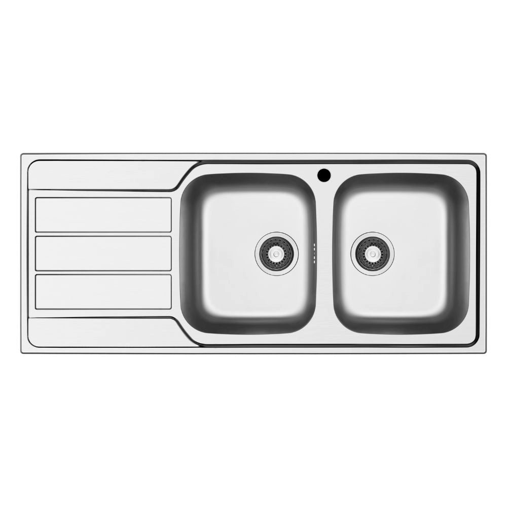 Lavello da incasso Tirreno116 in acciaio inox 2 vasche e gocciolatoio sinistro 116x50x18H