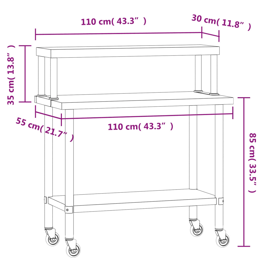 Tavolo Lavoro Cucina con Ripiano 110x55x120 cm Acciaio Inox